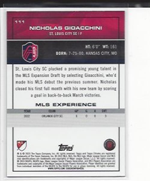 NICHOLAS GIOACCHINI 2023 TOPPS CHROME MLS BLUE WAVE ROOKIE REFRACTOR RC #D /199