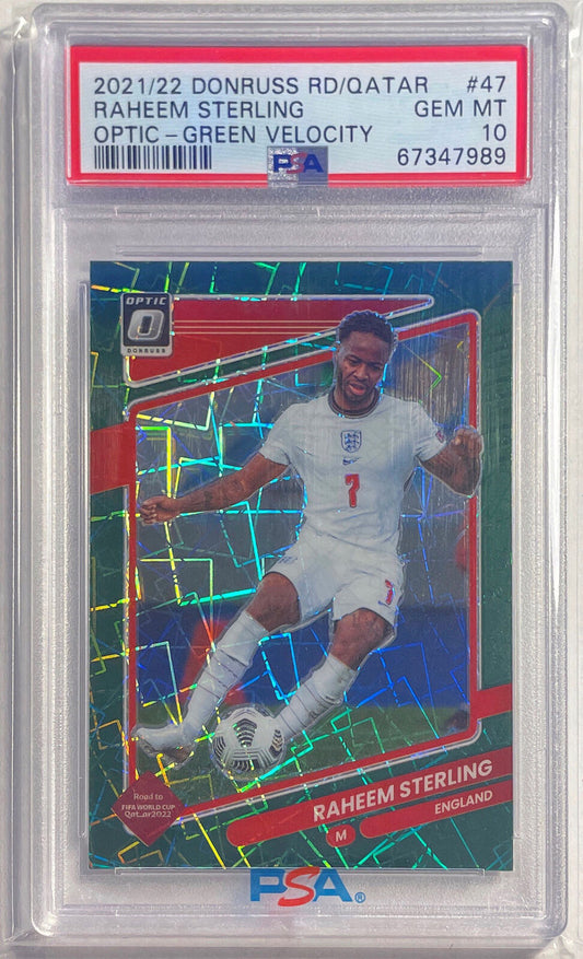 RAHEEM STERLING 2021-22 DONRUSS QATAR GREEN VELOCITY HOLO #47 PSA 10 GEM POP 1/1