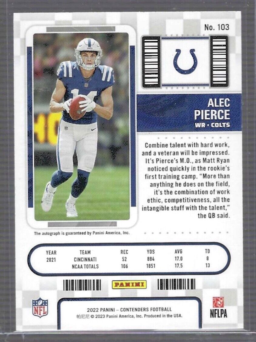ALEC PIERCE 2022 PANINI CONTENDERS ROOKIE TICKET ON CARD AUTO RC #103