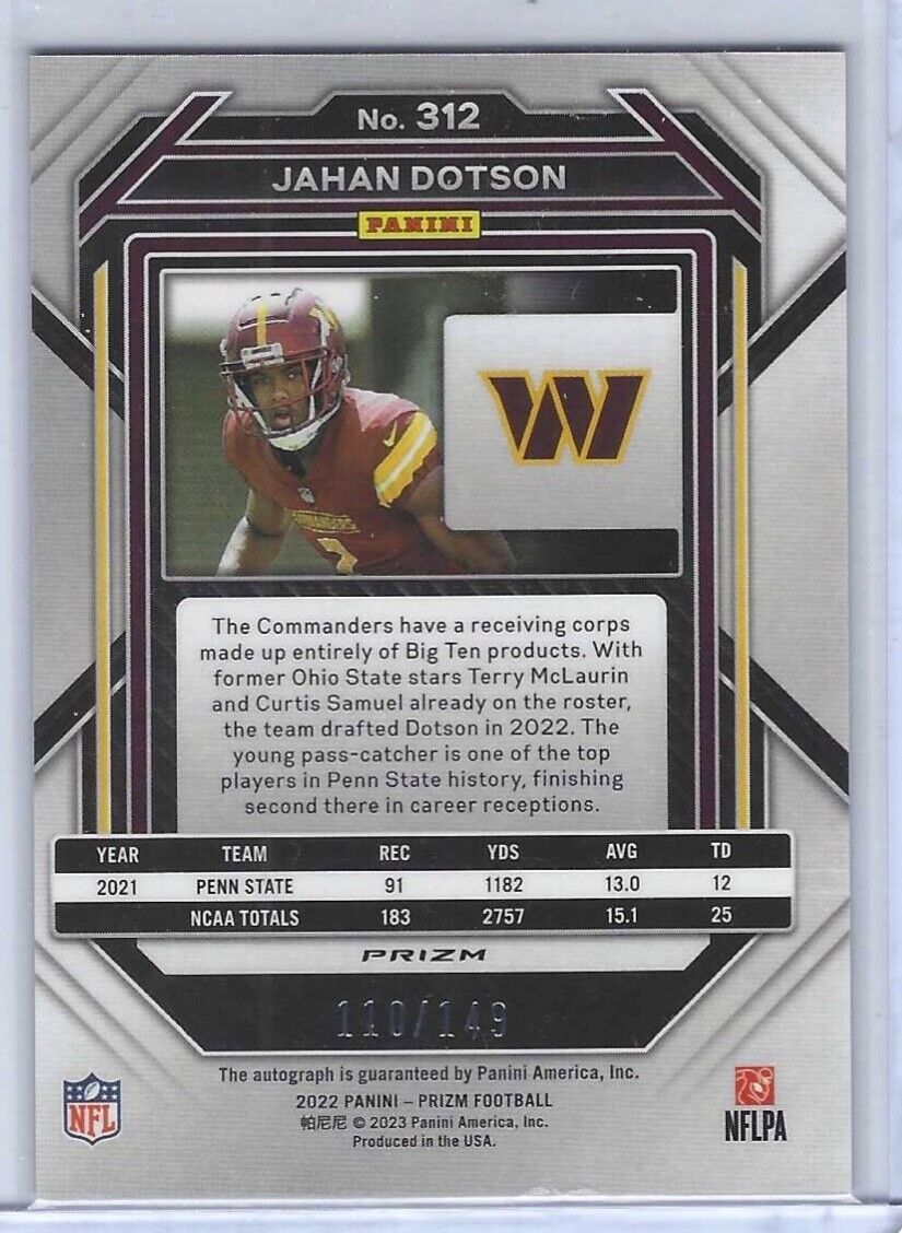 JAHAN DOTSON 2021 PANINI PRIZM RUBY RED WAVE PRIZM ROOKIE AUTO RC #D 110/149