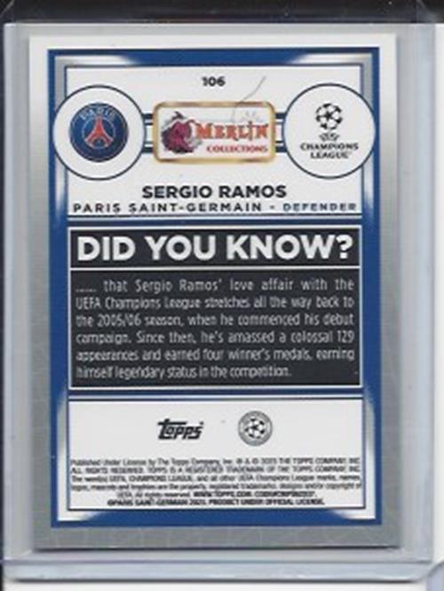 SERGIO RAMOS 2022-23 TOPPS MERLIN CHROME AQUA SPECKLE REFRACTOR #D 178/199