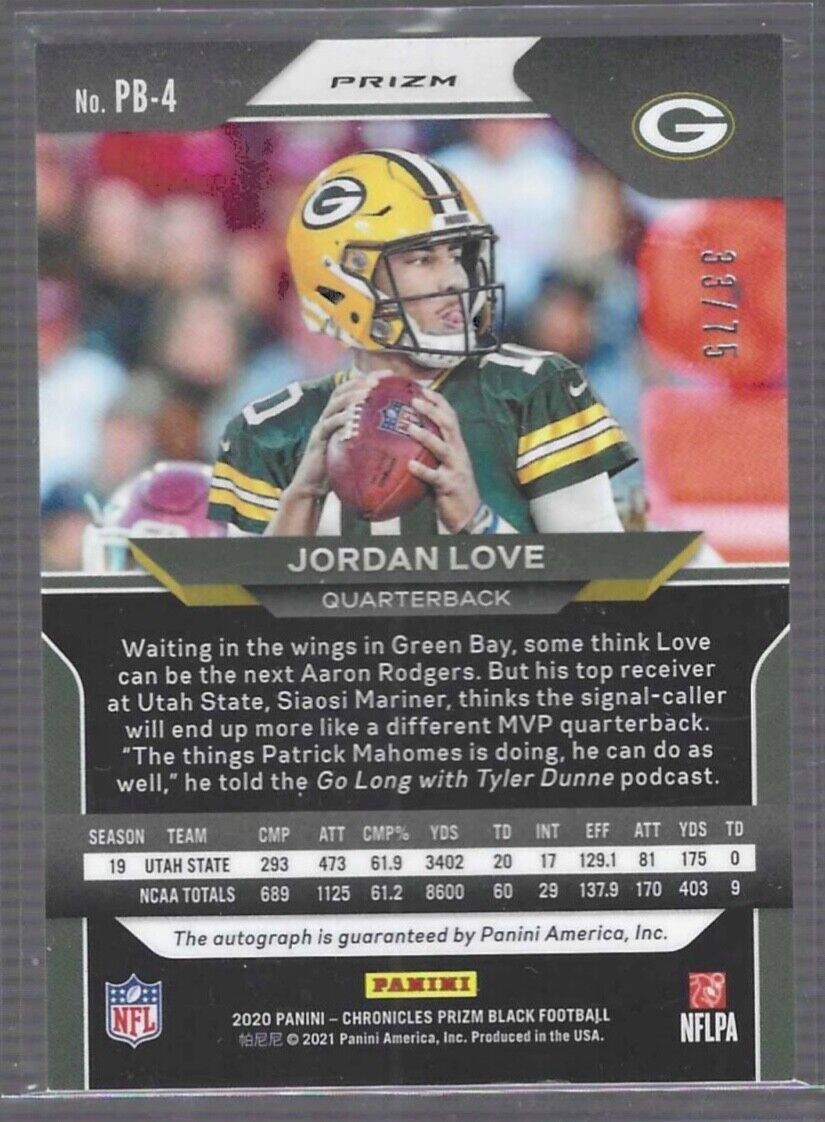 JORDAN LOVE 2020 PANINI CHRONICLES PRIZM BLACK ORANGE ROOKIE AUTO RC #D 33/75