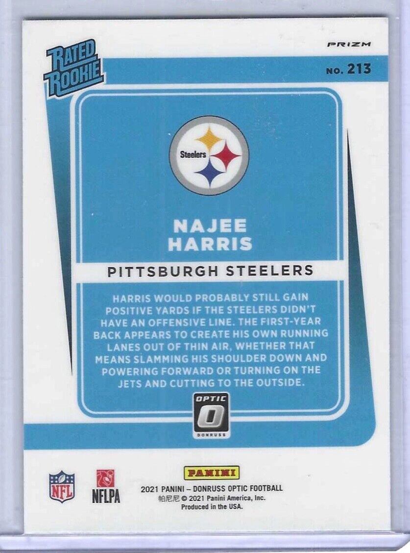 NAJEE HARRIS 2021 PANINI DONRUSS OPTIC BLUE STARS HOLO SSP RATED ROOKIE RC #213