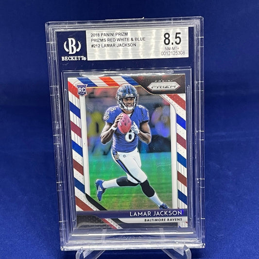 LAMAR JACKSON 2018 PANINI PRIZM RED WHITE BLUE RC ROOKIE #212 BGS 8.5