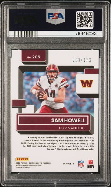 SAM HOWELL 2022 #205 PANINI DONRUSS OPTIC BLUE HOLO PRIZM RC #D 63/179 PSA 10