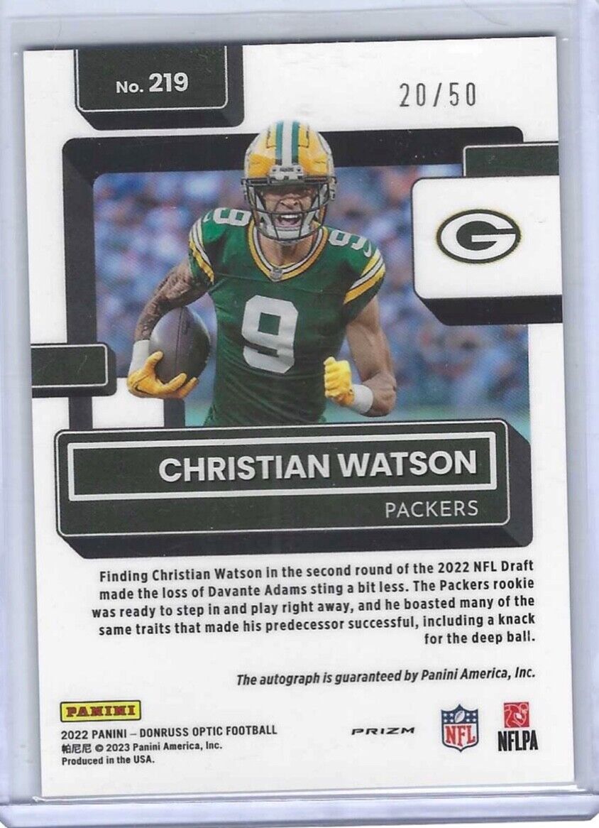 CHRISTIAN WATSON 2022 DONRUSS OPTIC PURPLE STARS FOTL HOLO AUTO RATED RC #D /50