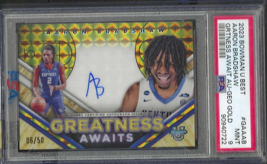 AARON BRADSHAW 2023 BOWMAN U BEST GREATNESS AWAITS GOLD GEO AUTO /50 PSA 9 POP 1