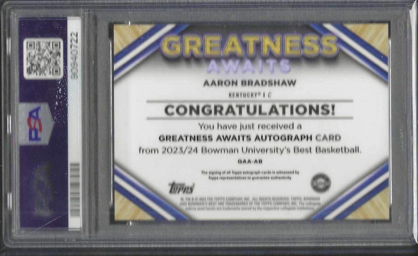 AARON BRADSHAW 2023 BOWMAN U BEST GREATNESS AWAITS GOLD GEO AUTO /50 PSA 9 POP 1