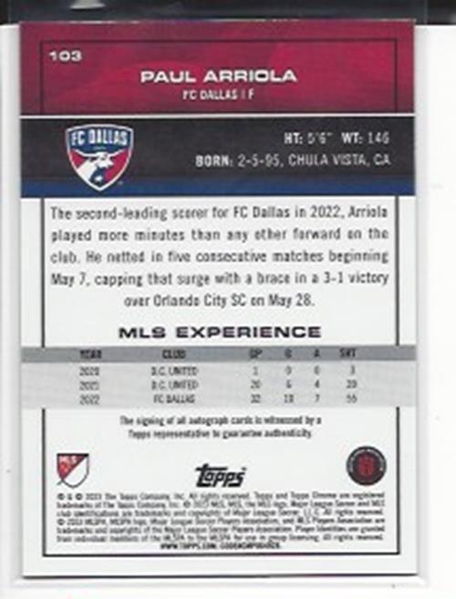 PAUL ARRIOLA 2023 TOPPS CHROME MLS GREEN REFRACTOR AUTO #D 85/99