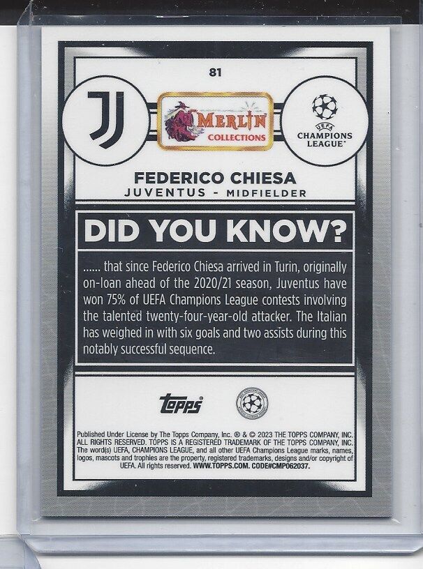 FEDERICO CHIESA 2022-23 TOPPS MERLIN CHROME AQUA REFRACTOR #D 111/199