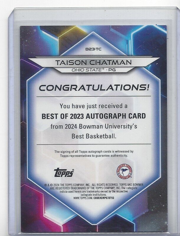 TAISON CHATMAN 2023 BOWMAN'S BEST UNIVERSITY SUPERFRACTOR AUTO OHIO STATE #D 1/1
