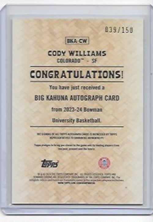 CODY WILLIAMS 2023-24 BOWMAN CHROME UNIVERSITY BIG KAHUNA REFRACTOR AUTO #D /150