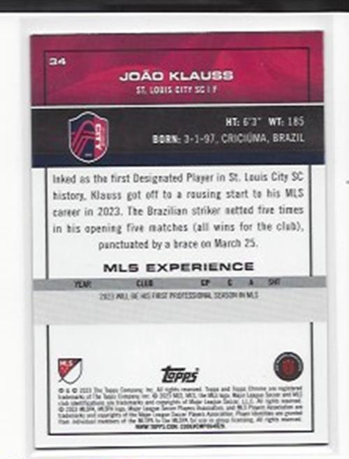 JOAO KLAUSS 2023 TOPPS CHROME MLS BLUE WAVE ROOKIE REFRACTOR RC #D 21/199