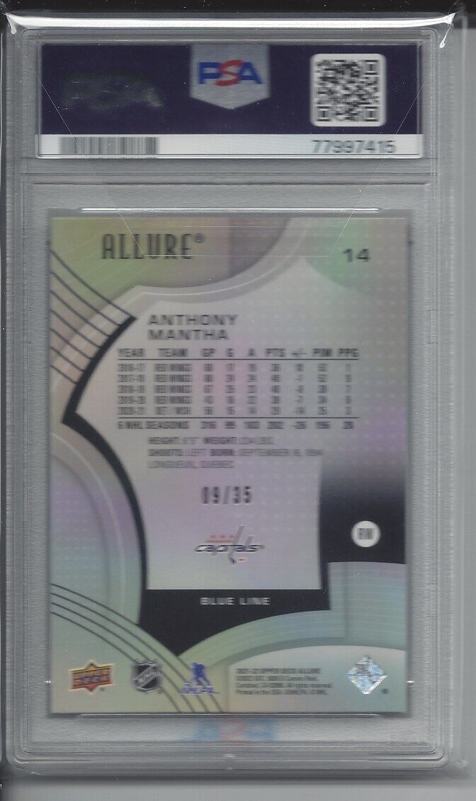 ANTHONY MANTHA 2021-22 UPPER DECK ALLURE BLUE LINE REFRACTOR /35 PSA 10 POP 1/1