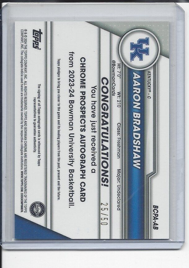 AARON BRADSHAW 2023-24 BOWMAN CHROME UNIVERSITY 1ST GOLD LAVA REFRACTOR AUTO /50