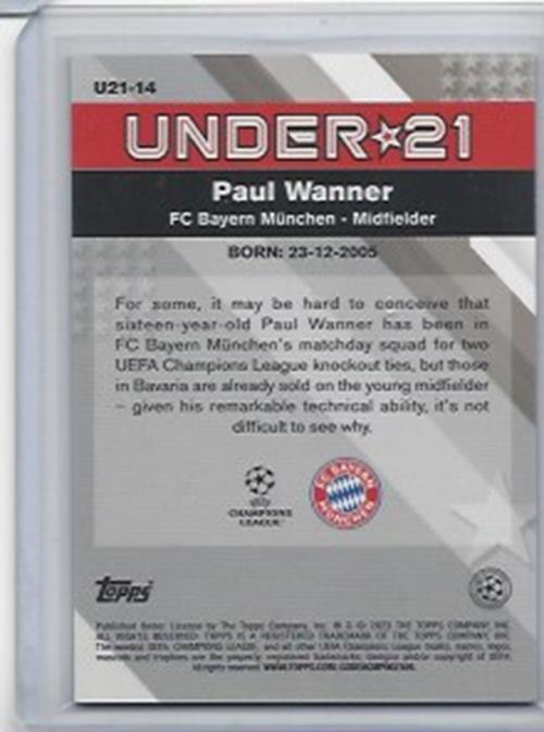 PAUL WANNER 2022-23 TOPPS MERLIN CHROME UNDER 21 U21 BLUE REFRACTOR #D 63/75
