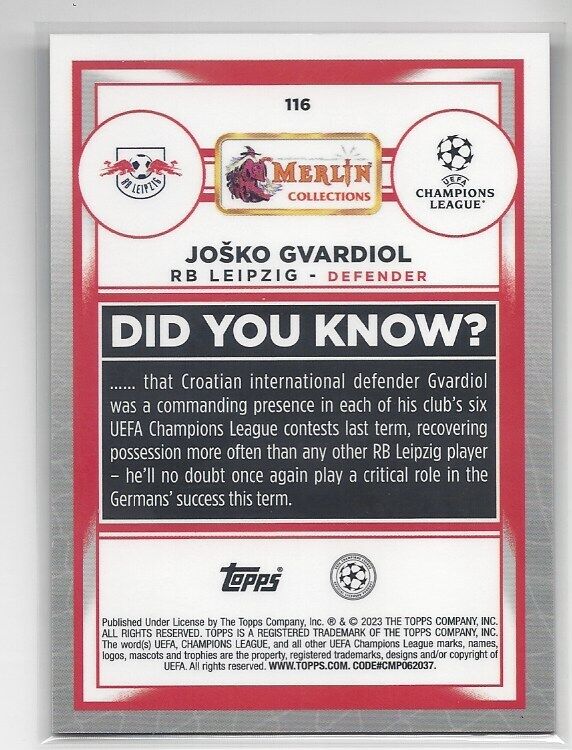 JOSKO GVARDIOL 2022-23 TOPPS MERLIN CHROME LEIPZIG ORANGE MOJO REFRACTOR #D 8/25