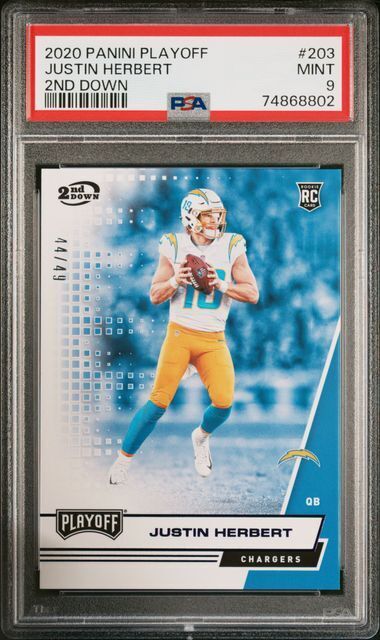 JUSTIN HERBERT 2020 PANINI PLAYOFF 2ND DOWN RC #D 44/49 PSA 9 MINT POP 3