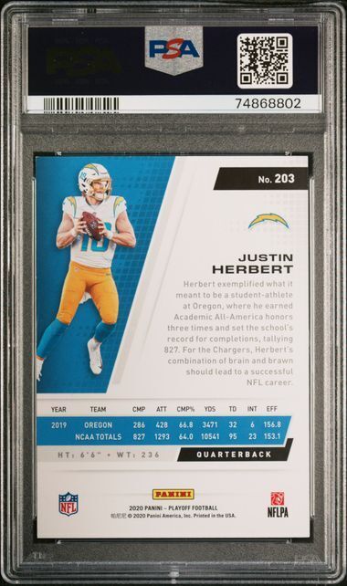 JUSTIN HERBERT 2020 PANINI PLAYOFF 2ND DOWN RC #D 44/49 PSA 9 MINT POP 3