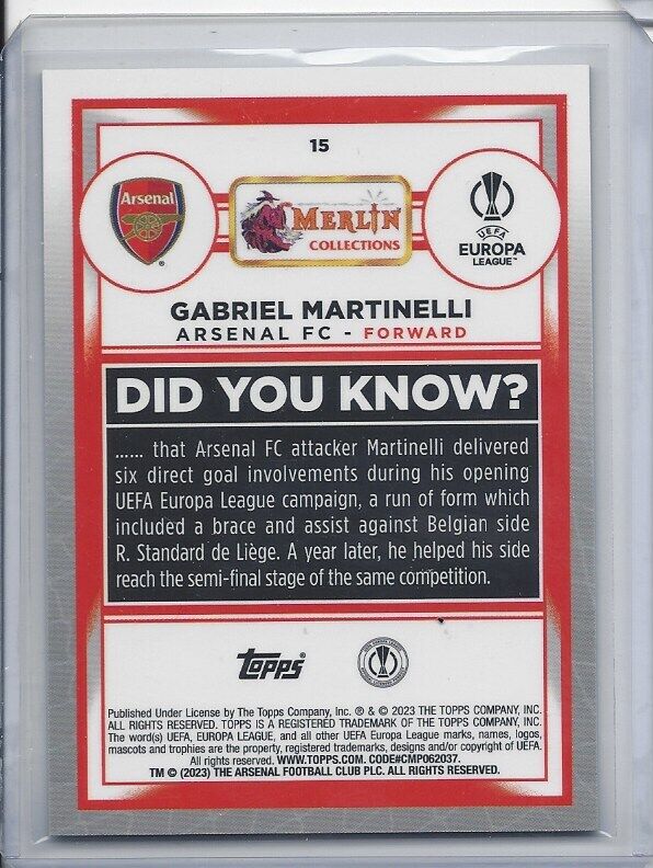 GABRIEL MARTINELLI 2022-23 TOPPS MERLIN CHROME AQUA REFRACTOR #D 2/199