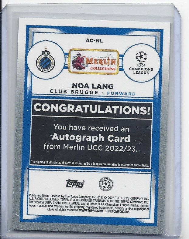 NOA LANG 2022-23 TOPPS MERLIN CHROME CLUB BRUGGE REFRACTOR AUTO