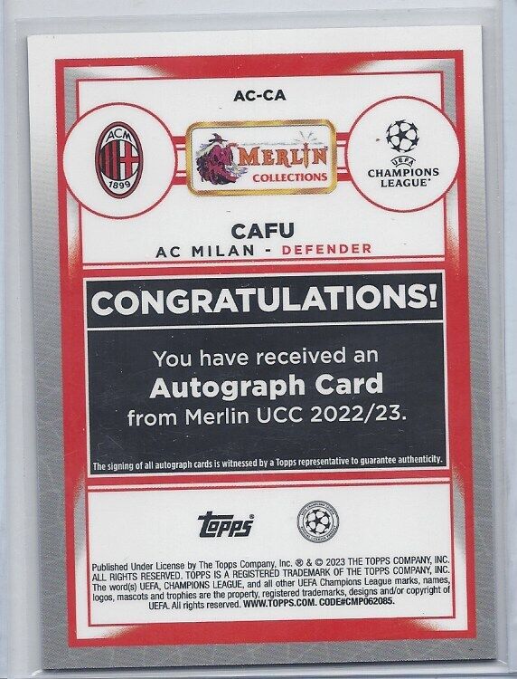 CAFU 2022-23 TOPPS MERLIN CHROME AC MILAN RED REFRACTOR AUTO #D 3/10