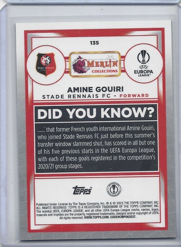 AMINE GOUIRI 2022-23 TOPPS MERLIN CHROME RENNAIS GOLD REFRACTOR RC #D 27/50
