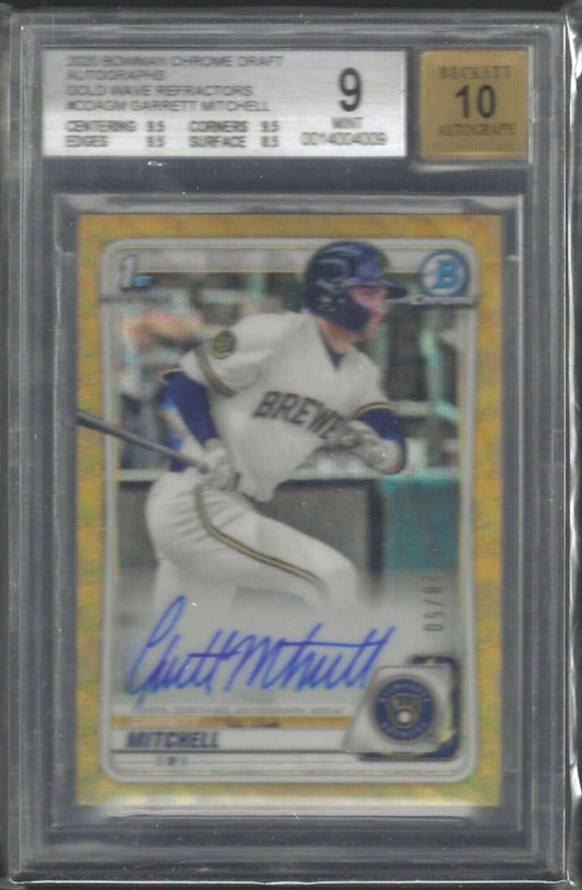 GARRETT MITCHELL 2020 BOWMAN CHROME 1ST GOLD WAVE PROSPECT AUTO /50 BGS 9 10 AU