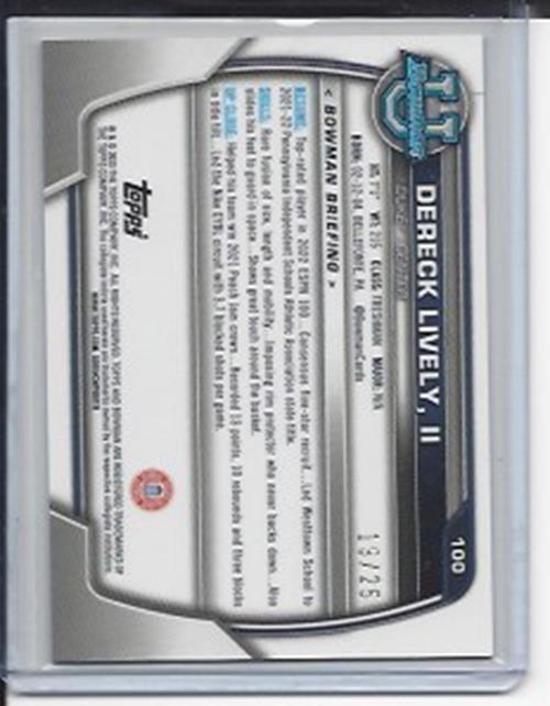 DEREK LIVELY II 2023 BOWMAN CHROME UNIV ORANGE SHIMMER 1ST REFRACTOR RC #D 19/25