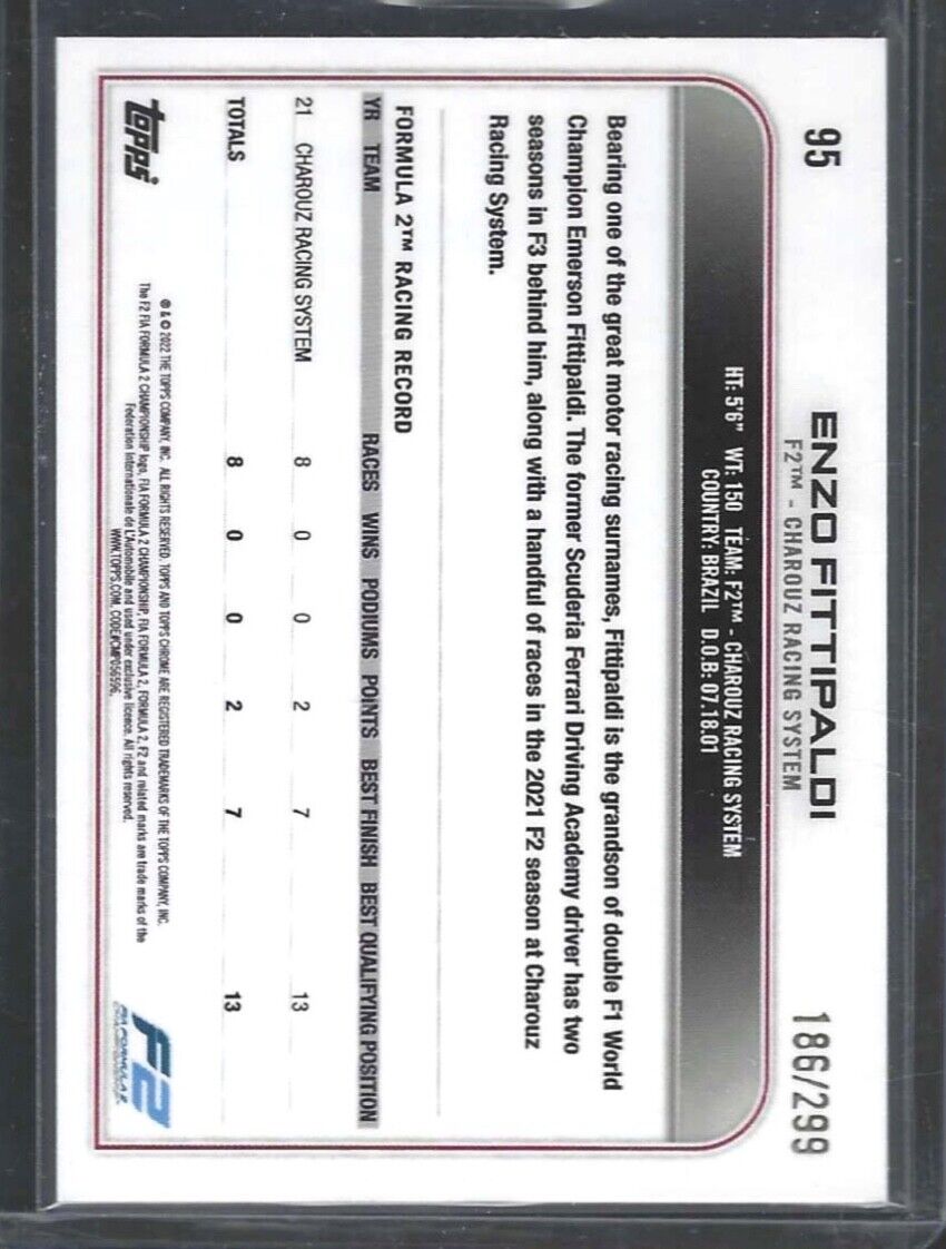 ENZO FITTIPALDI 2022 TOPPS CHROME F1 SPECKLE REFRACTOR FUTURE STARS #D 186/299