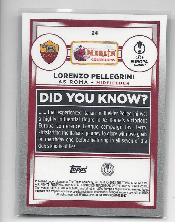 LORENZO PELLEGRINI 2022-23 TOPPS MERLIN CHROME ORANGE MOJO REFRACTOR #D 19/25