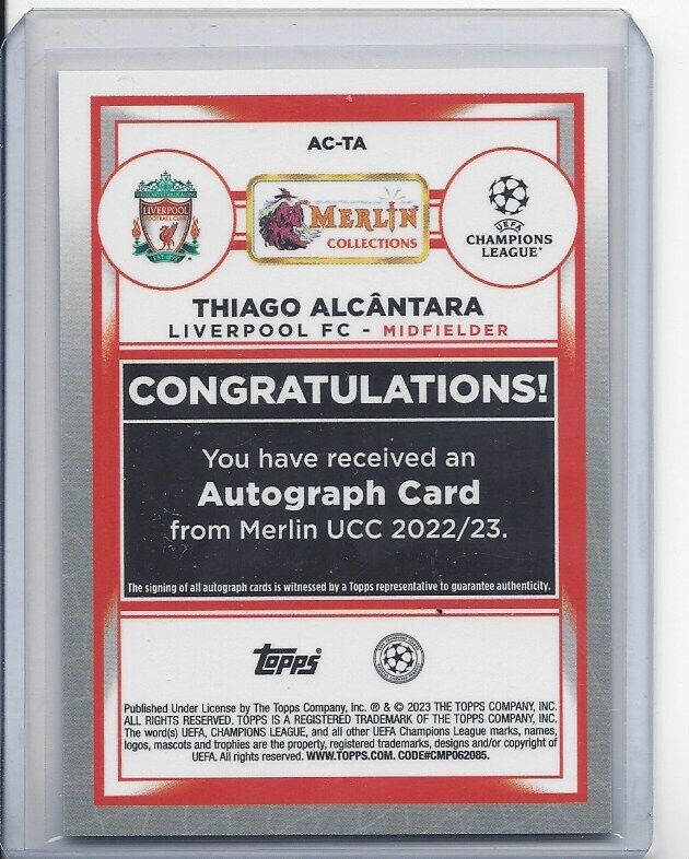 THIAGO ALCANTARA 2022-23 TOPPS MERLIN CHROME LIVERPOOL REFRACTOR AUTO