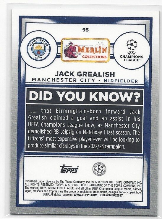 JACK GREALISH 2022-23 TOPPS MERLIN CHROME SPECKLE REFRACTOR #D 94/150