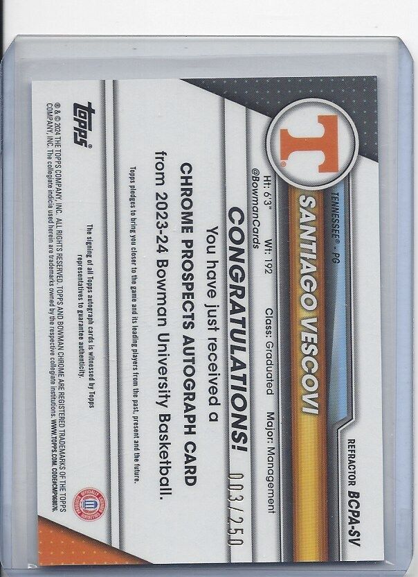 SANTIAGO VESCOVI 2023-24 BOWMAN CHROME UNIVERSITY 1ST REFRACTOR AUTO #D /250