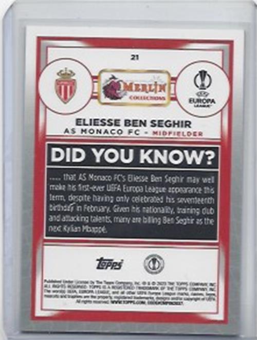 ELIESSE BEN SEGHIR 2022-23 TOPPS MERLIN CHROME GREEN SHIMMER REFRACTOR RC /350