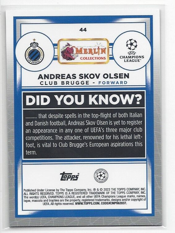 ANDREAS SKOV OLSEN 2022-23 TOPPS MERLIN CHROME VINTAGE SP REFRACTOR #44