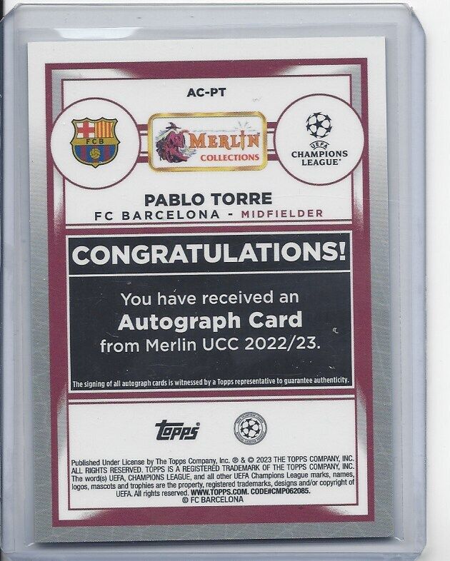 PABLO TORRE 2022-23 TOPPS MERLIN CHROME BARCELONA REFRACTOR AUTO RC