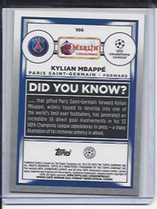 KYLIAN MBAPPE 2022-23 TOPPS MERLIN CHROME GREEN SHIMMER REFRACTOR #D 137/350