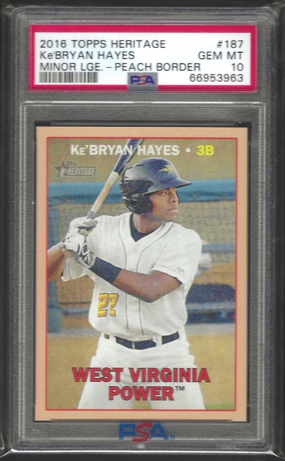 KE'BRYAN HAYES 2016 TOPPS HERITAGE MINORS PEACH BORDER PROSPECT /25 PSA 10 POP 3