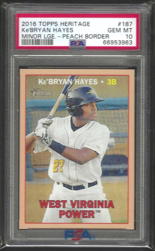 KE'BRYAN HAYES 2016 TOPPS HERITAGE MINORS PEACH BORDER PROSPECT /25 PSA 10 POP 3