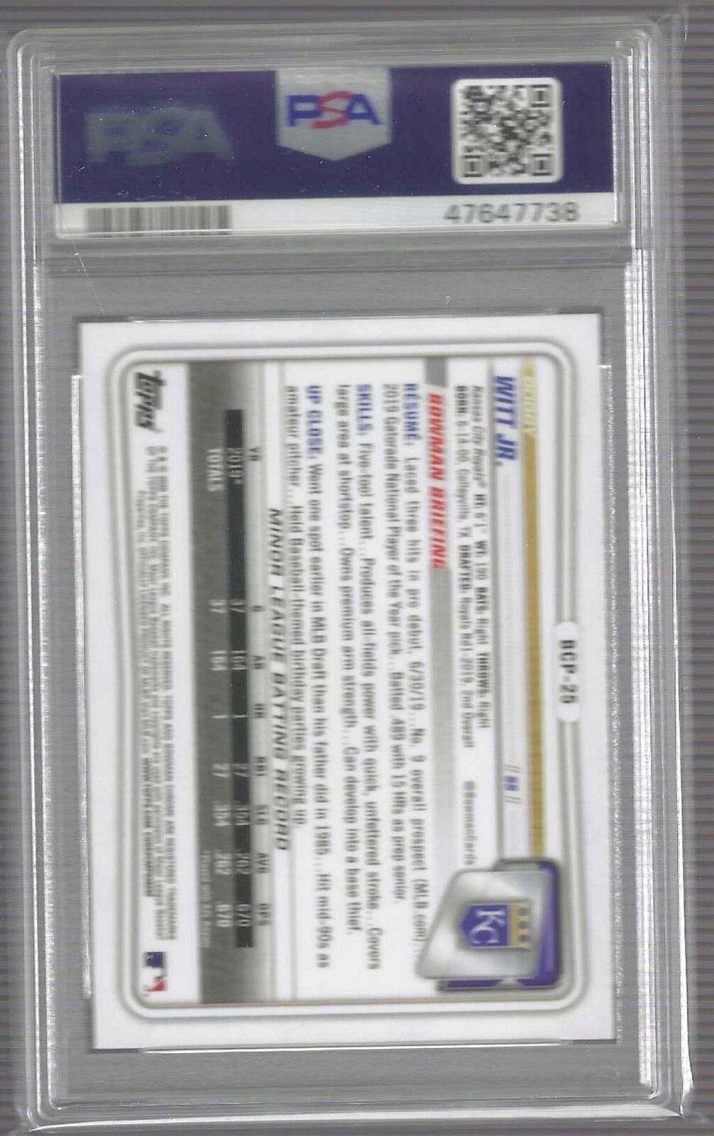 BOBBY WITT JR 2020 BOWMAN CHROME 1ST PROSPECT #BCP-25 PSA 9 MINT