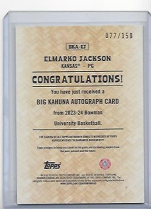 ELMARKO JACKSON 2023-24 BOWMAN CHROME UNIVERSITY BIG KAHUNA REFRACTOR AUTO /150