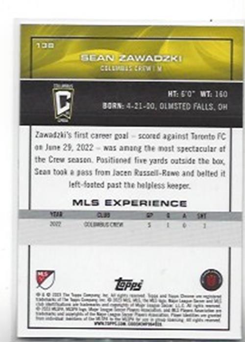 SEAN ZAWADZKI 2023 TOPPS CHROME MLS ROOKIE SPECKLE REFRACTOR RC SP #138
