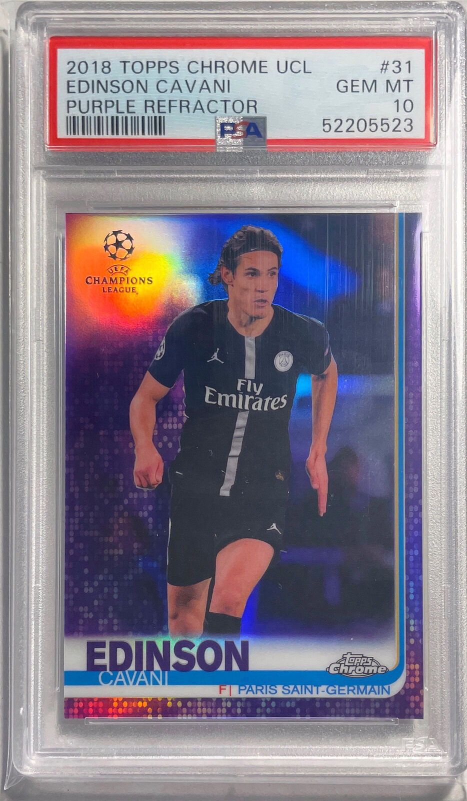 EDINSON CAVANI 2018 TOPPS CHROME UCL PURPLE REFRACTOR #D 21/250 PSA 10 GEM POP 2