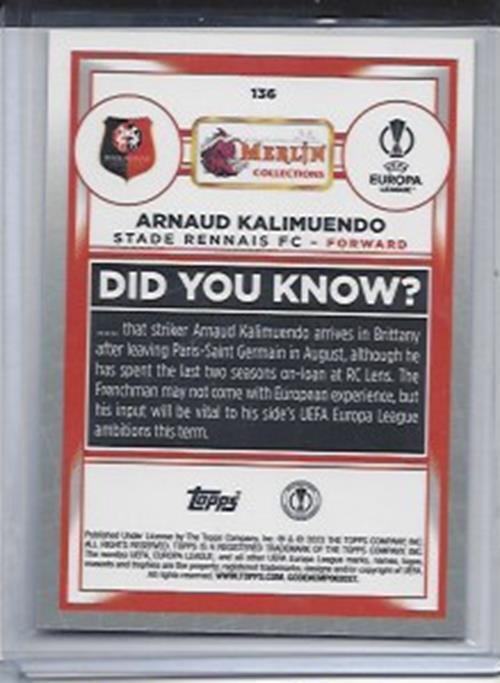 ARNAUD KALIMUENDO 2022-23 TOPPS MERLIN CHROME PINK MOJO REFRACTOR RC #D 39/275