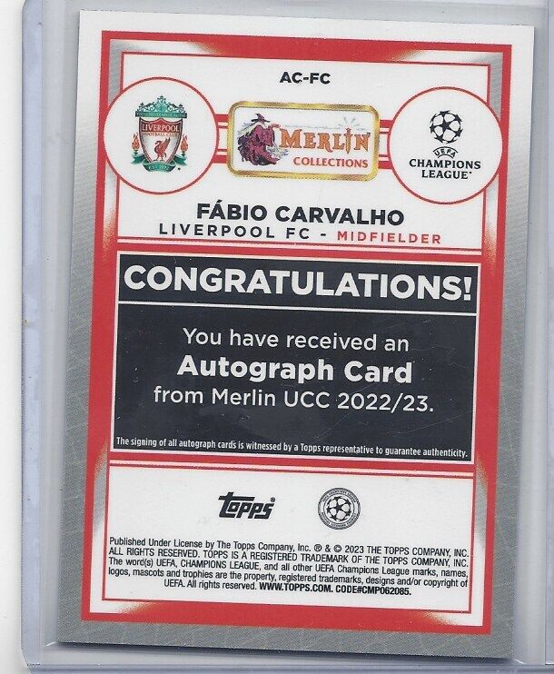 FABIO CARVALHO 2022-23 TOPPS MERLIN CHROME LIVERPOOL REFRACTOR AUTO RC