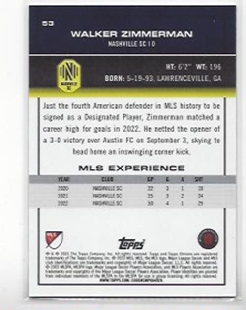 WALKER ZIMMERMAN 2023 TOPPS CHROME MLS GOLD MINI DIAMOND REFRACTOR #D 10/50