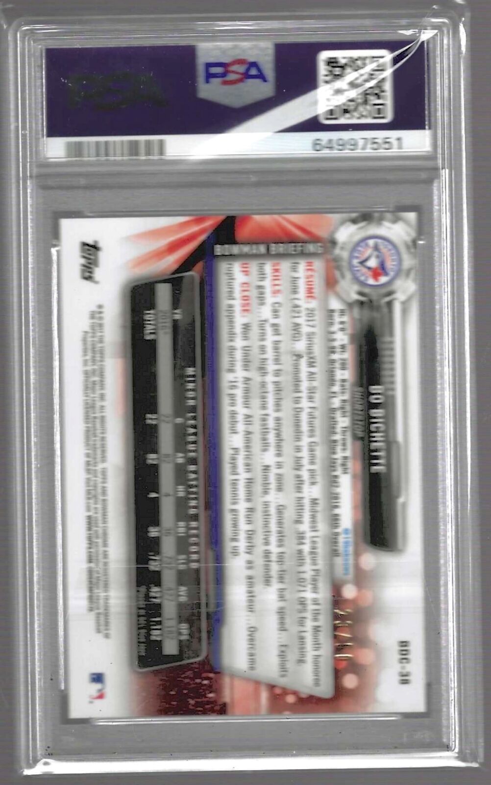 BO BICHETTE 2017 BOWMAN DRAFT CHROME GOLD REFRACTOR PROSPECT /50 PSA 9 POP 7