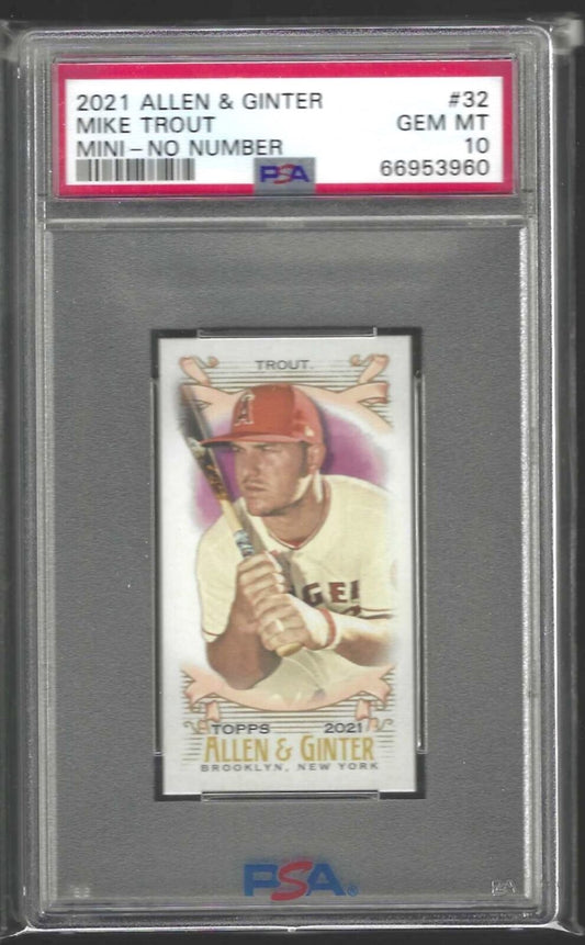 MIKE TROUT 2021 ALLEN AND GINTER NO NUMBER SP /50 MINI #32 PSA 10 GEM POP 1/1