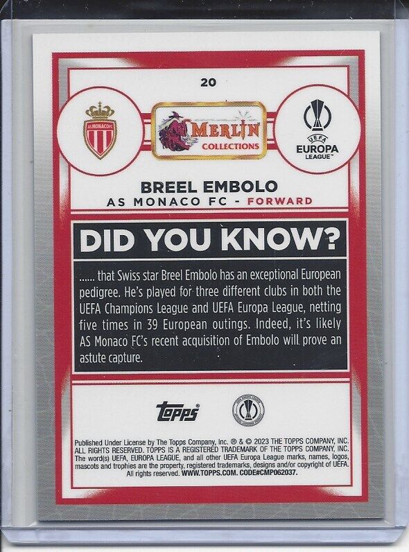 BREEL EMBOLO 2022-23 TOPPS MERLIN CHROME GOLD REFRACTOR NO SERIAL NUMBER ERROR!